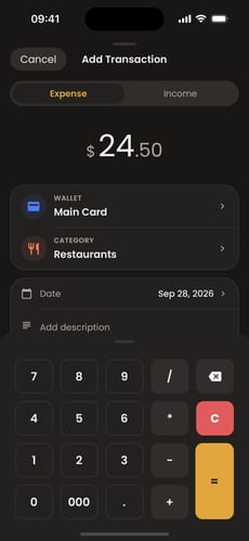 Moongen Add Transaction screen: manual expense entry with wallet, category and date fields, and a built-in numeric calculator keypad.
