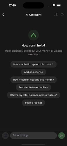 Moongen AI Assistant screen with suggested questions such as How much did I spend this month and Scan a receipt.