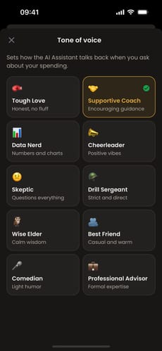 Moongen tone of voice picker: ten tones with icons, including Tough Love, Supportive Coach, Data Nerd and Cheerleader.