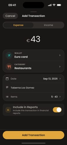 Moongen draft from a scanned receipt, before saving: EUR 43 at Taberna Los Gomez, Euro card, Restaurants, 5 items, with an Add Transaction button.