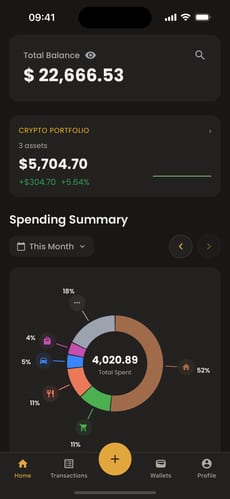 Moongen home screen with total balance, crypto portfolio and a spending summary donut chart.