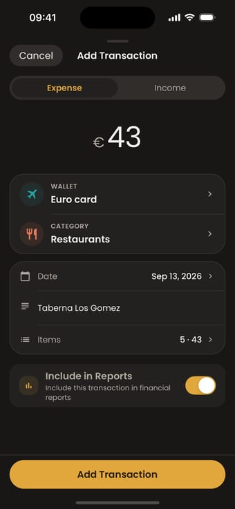 Moongen Add Transaction screen reviewing a scanned receipt: EUR 43 at Taberna Los Gomez, Euro card, category Restaurants, 5 items, before saving.