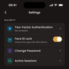 Moongen security settings: two-factor authentication, Face ID lock, change password and active sessions.