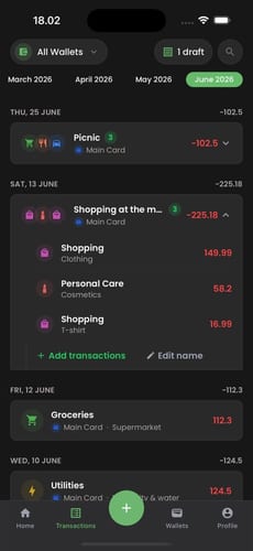 Moongen transaction group bundling several purchases under one card charge.