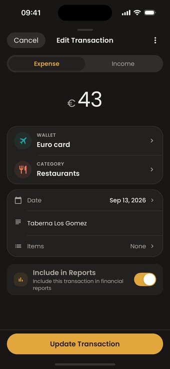 Moongen transaction: Taberna Los Gomez, EUR 43, Euro card, category Restaurants, September 13.